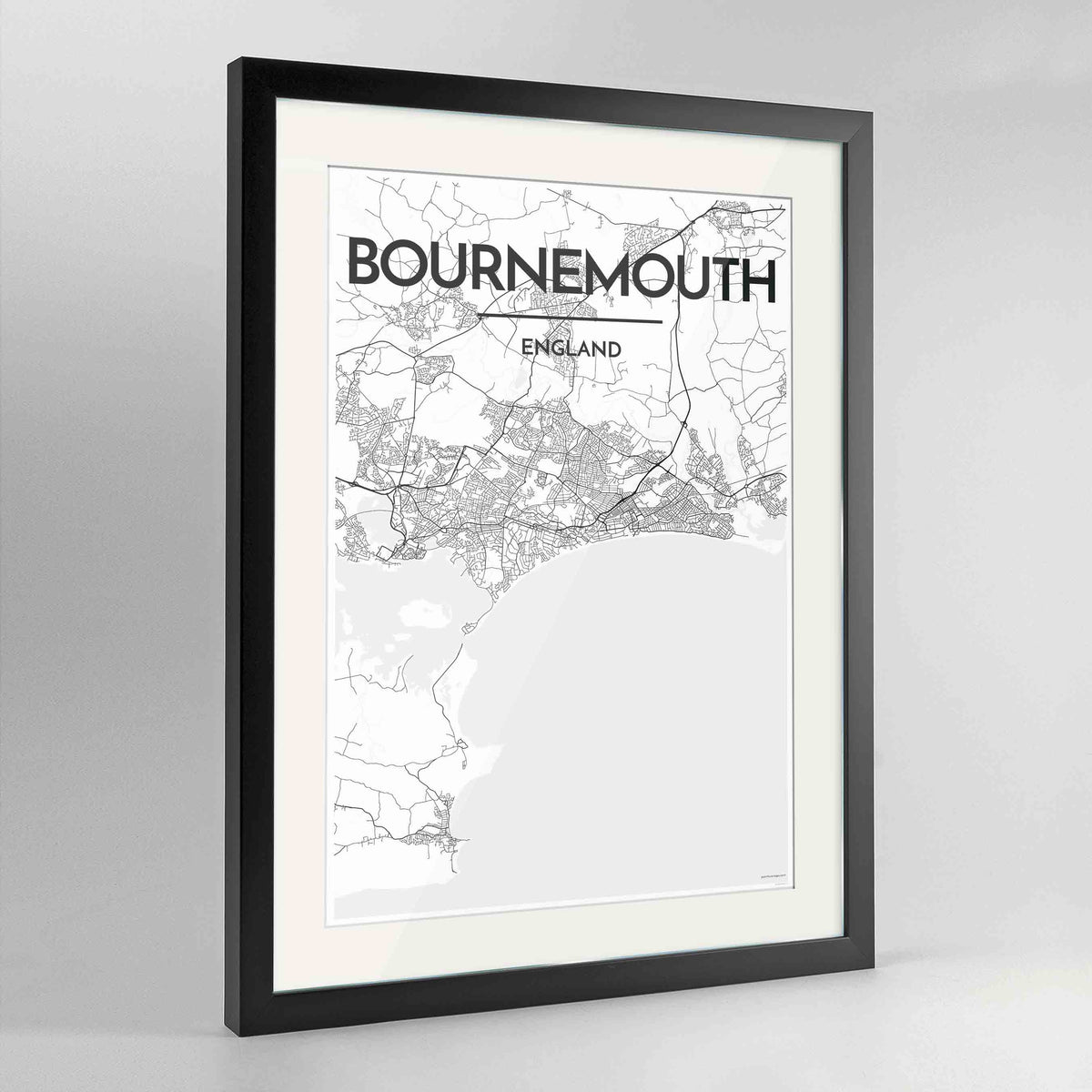 Framed Bournemouth Map Art Print 24x36&quot; Contemporary Black frame Point Two Design Group
