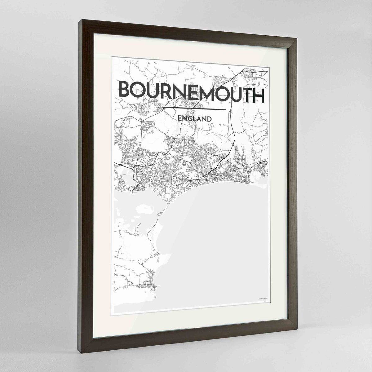 Framed Bournemouth Map Art Print 24x36&quot; Contemporary Walnut frame Point Two Design Group
