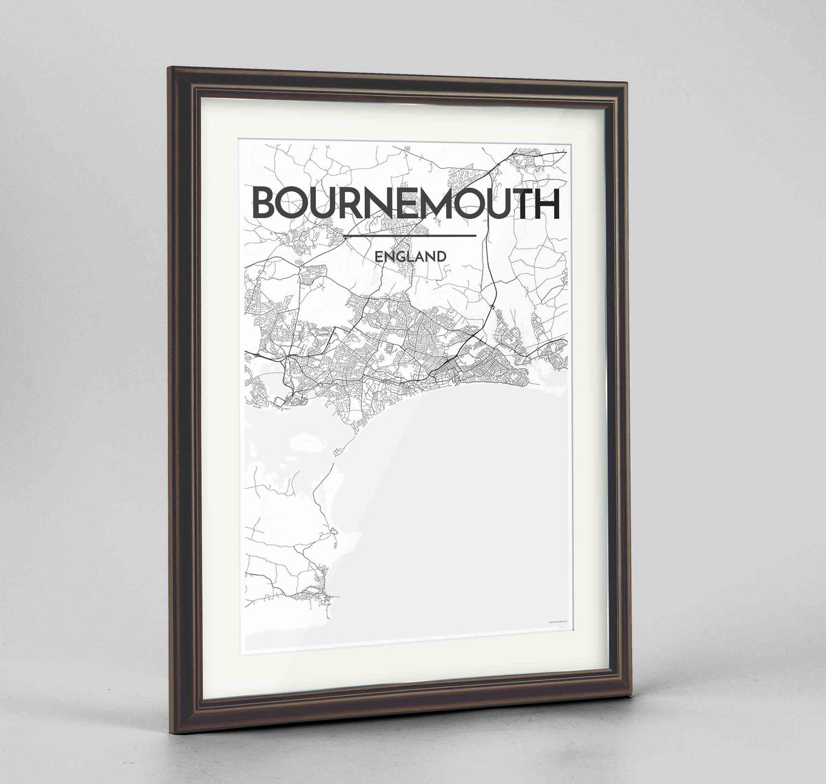Framed Bournemouth Map Art Print 24x36&quot; Traditional Walnut frame Point Two Design Group