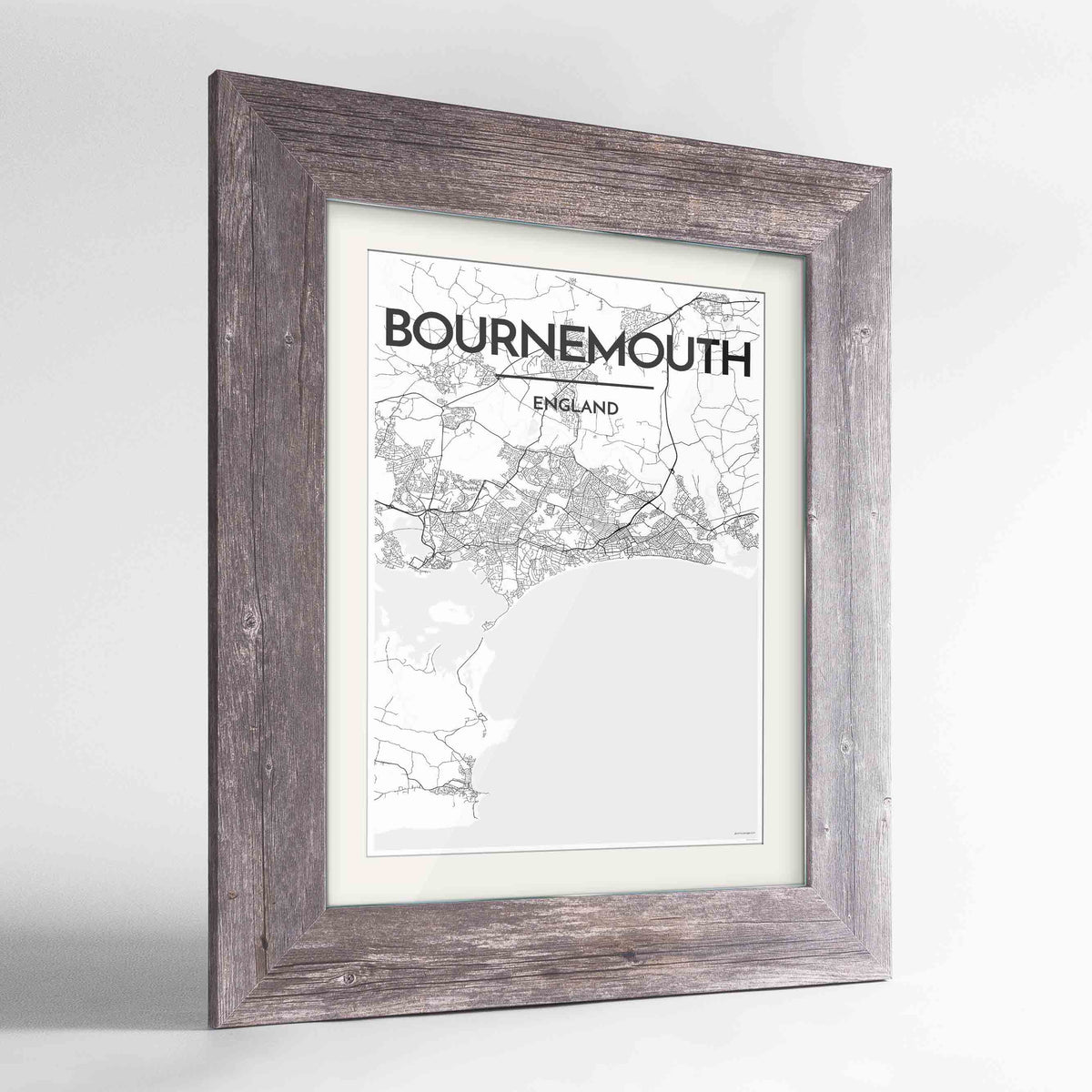 Framed Bournemouth Map Art Print 24x36&quot; Western Grey frame Point Two Design Group