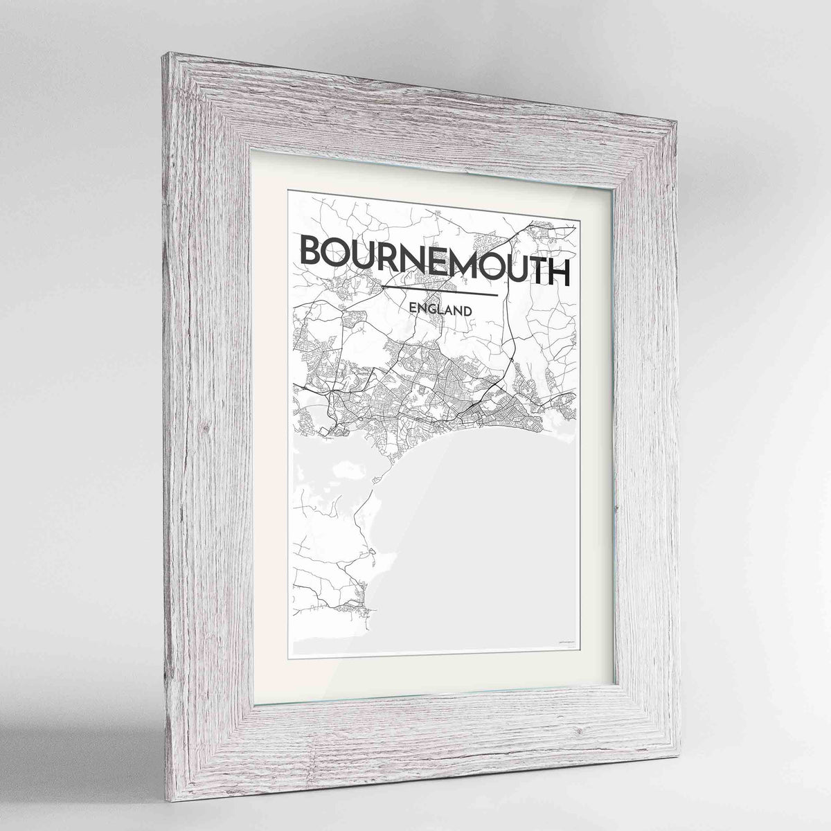 Framed Bournemouth Map Art Print 24x36&quot; Western White frame Point Two Design Group