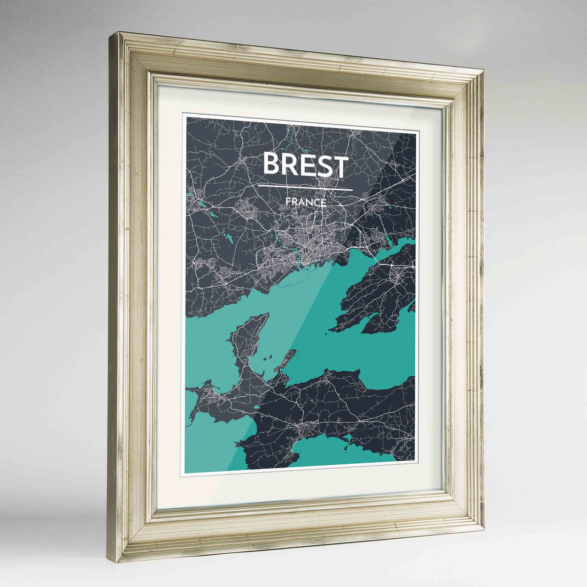 Framed Brest Map Art Print 24x36&quot; Champagne frame Point Two Design Group