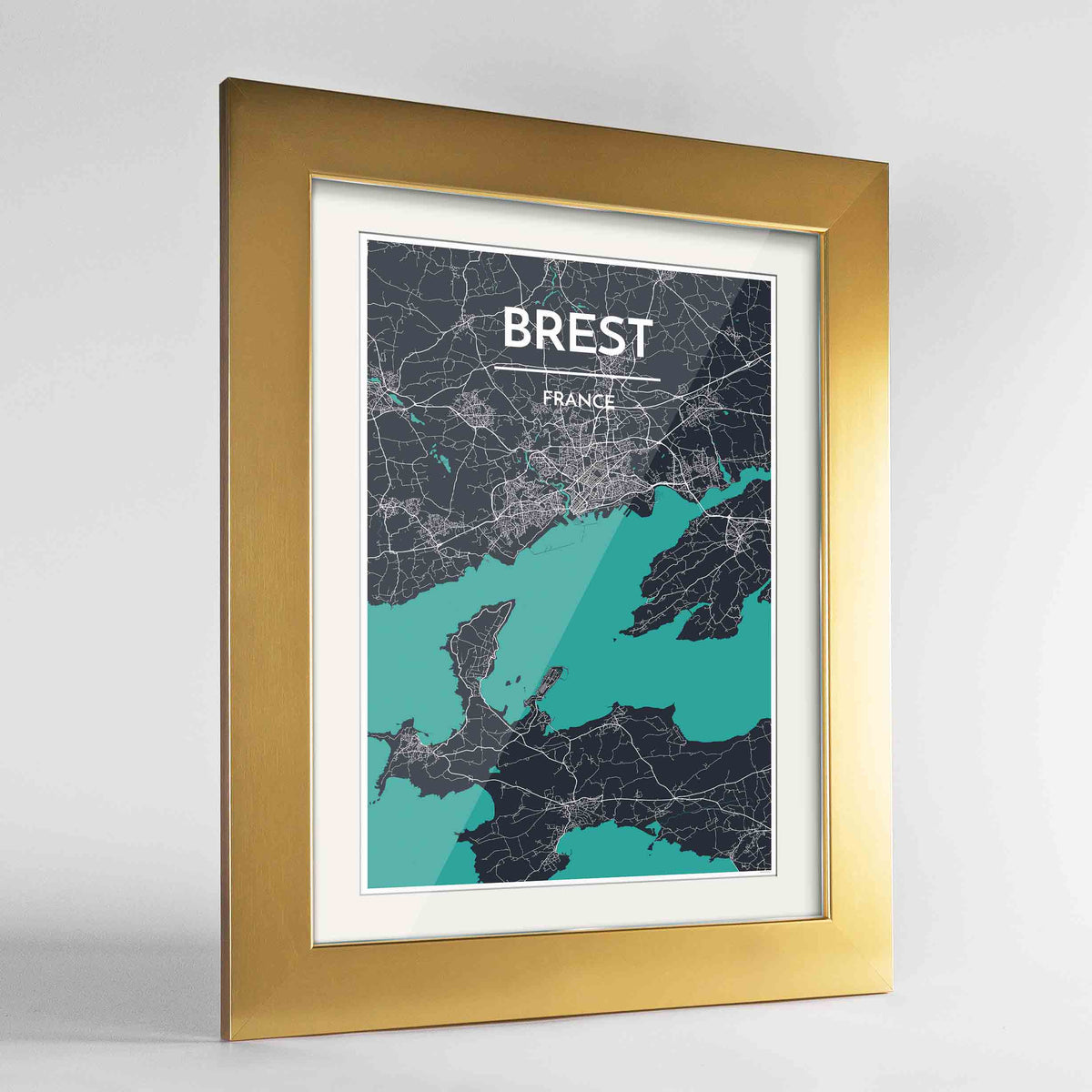 Framed Brest Map Art Print 24x36&quot; Gold frame Point Two Design Group