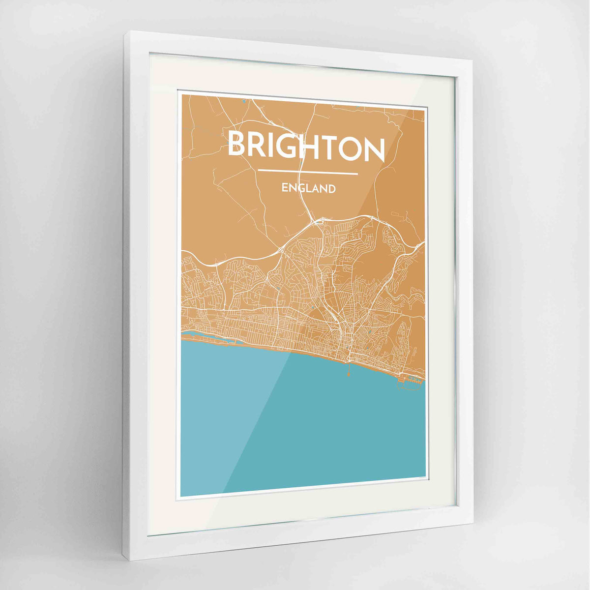 Framed Brighton Map Art Print 24x36&quot; Contemporary White frame Point Two Design Group