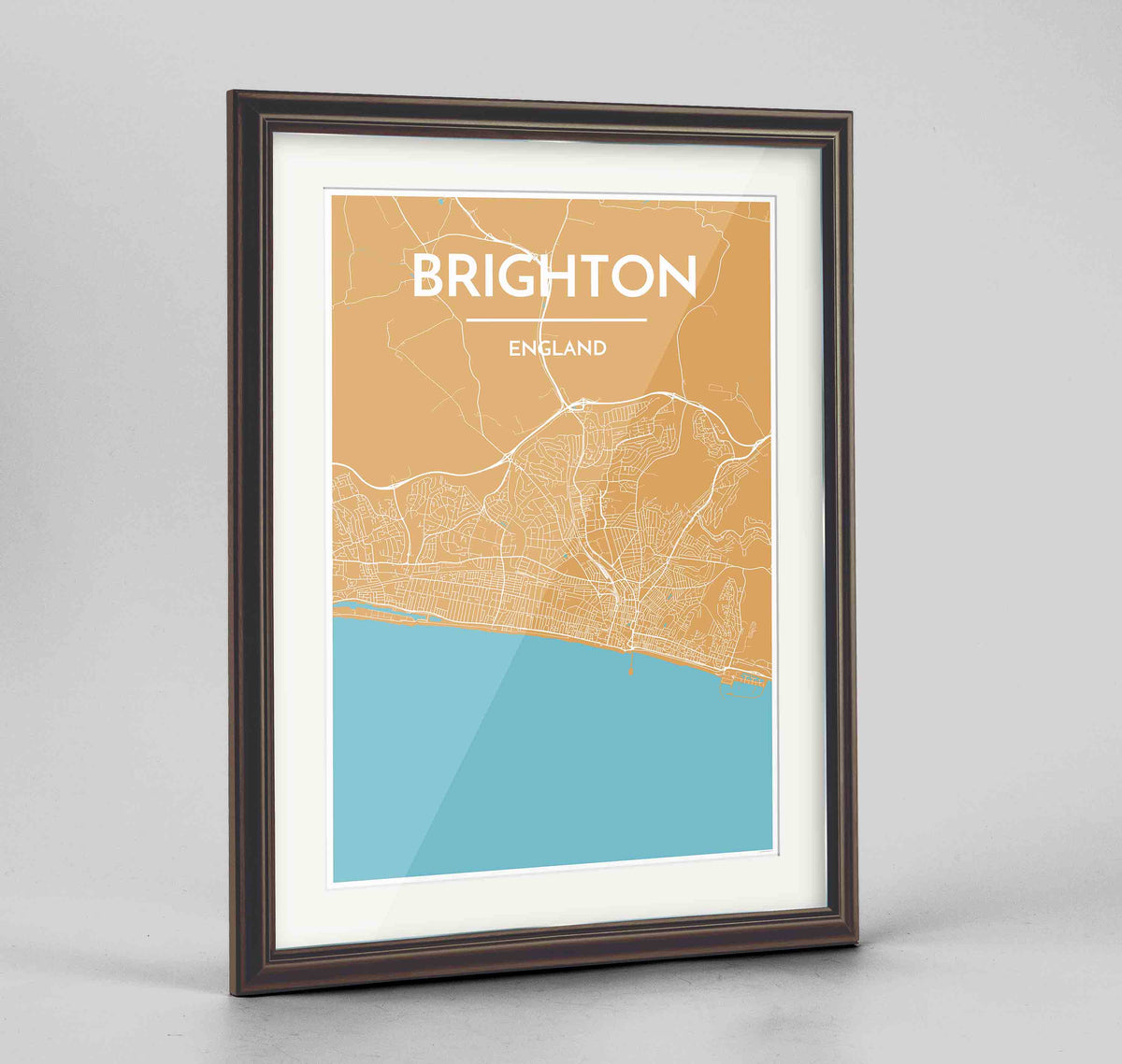 Framed Brighton Map Art Print 24x36&quot; Traditional Walnut frame Point Two Design Group