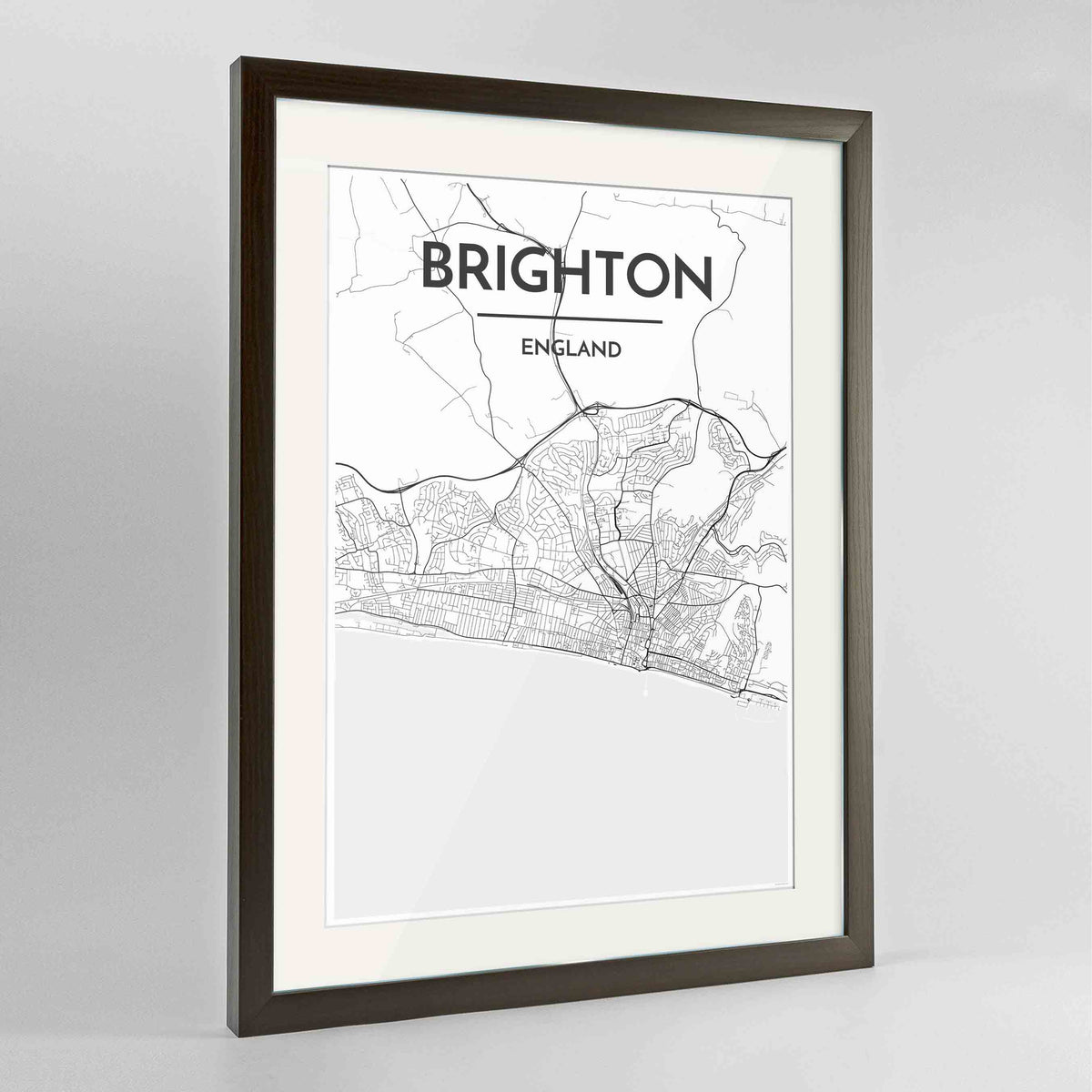 Framed Brighton Map Art Print 24x36&quot; Contemporary Walnut frame Point Two Design Group