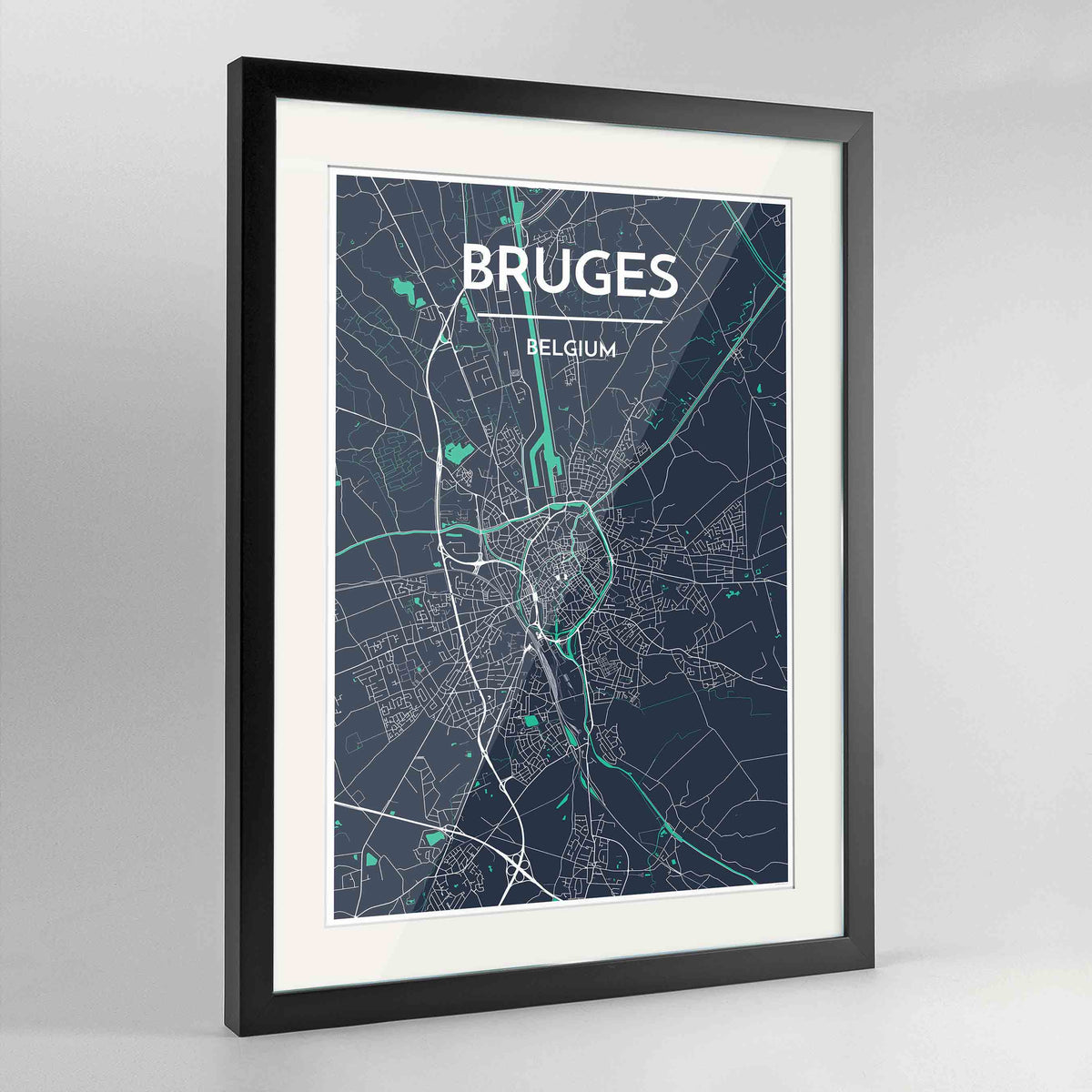 Framed Bruges Map Art Print 24x36&quot; Contemporary Black frame Point Two Design Group