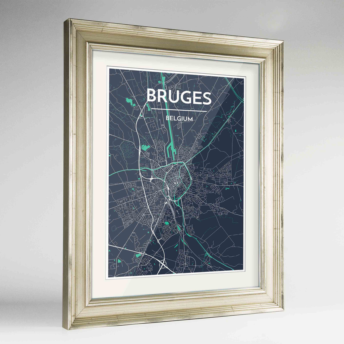 Framed Bruges Map Art Print 24x36&quot; Champagne frame Point Two Design Group
