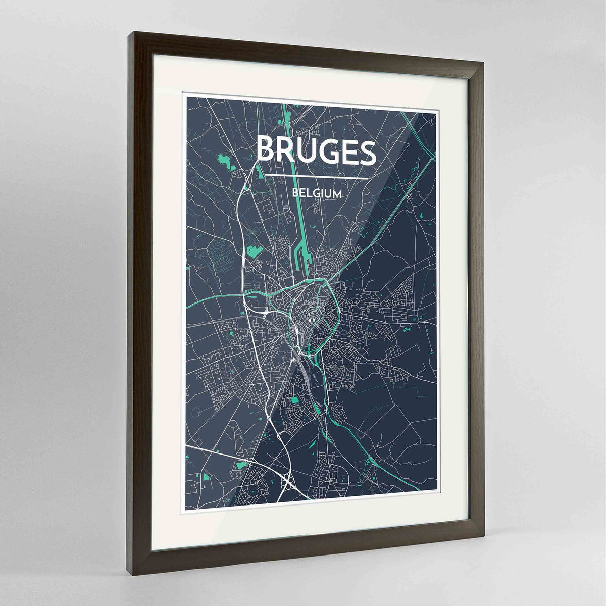 Framed Bruges Map Art Print 24x36&quot; Contemporary Walnut frame Point Two Design Group