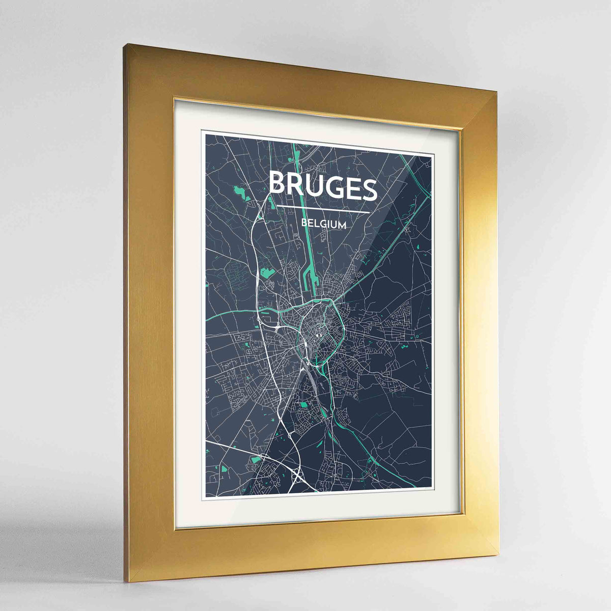 Framed Bruges Map Art Print 24x36&quot; Gold frame Point Two Design Group