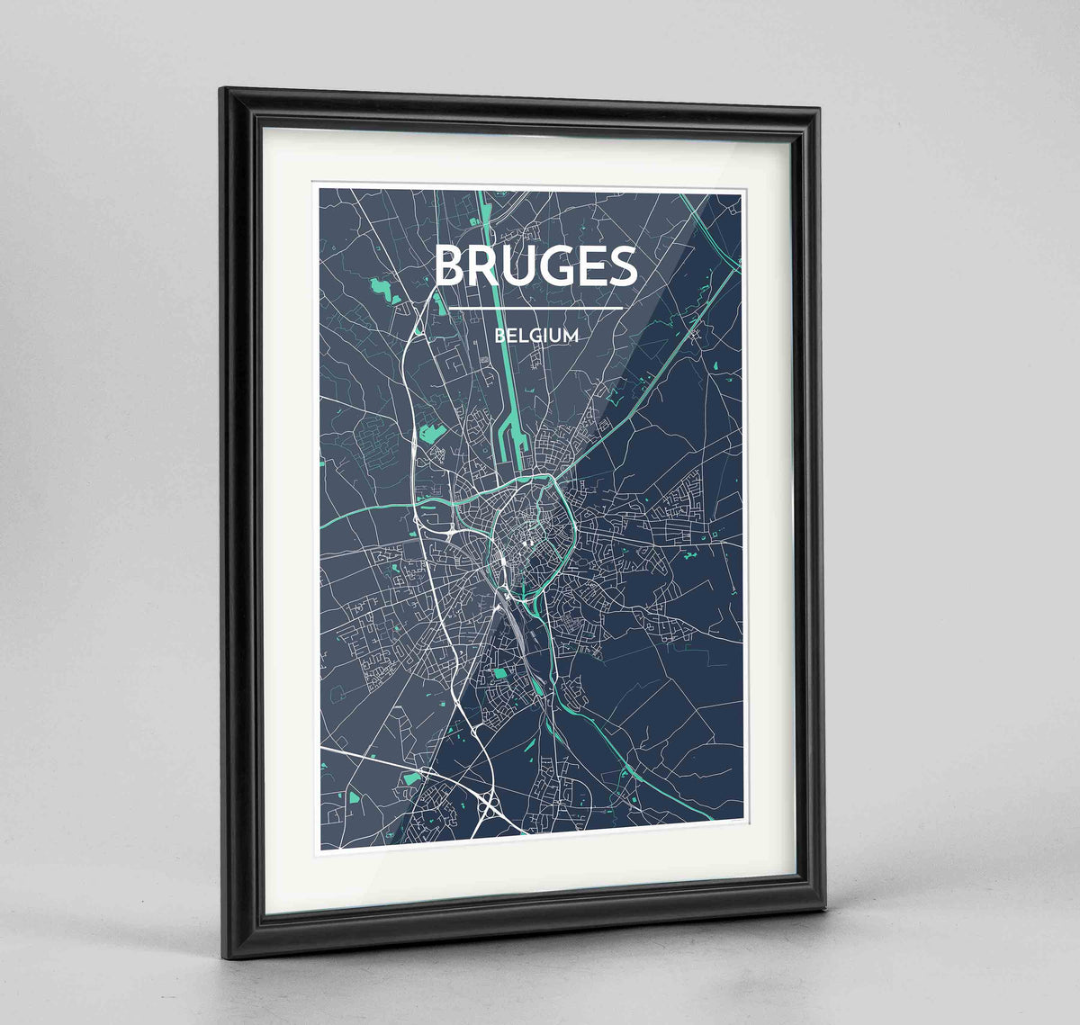 Framed Bruges Map Art Print 24x36&quot; Traditional Black frame Point Two Design Group