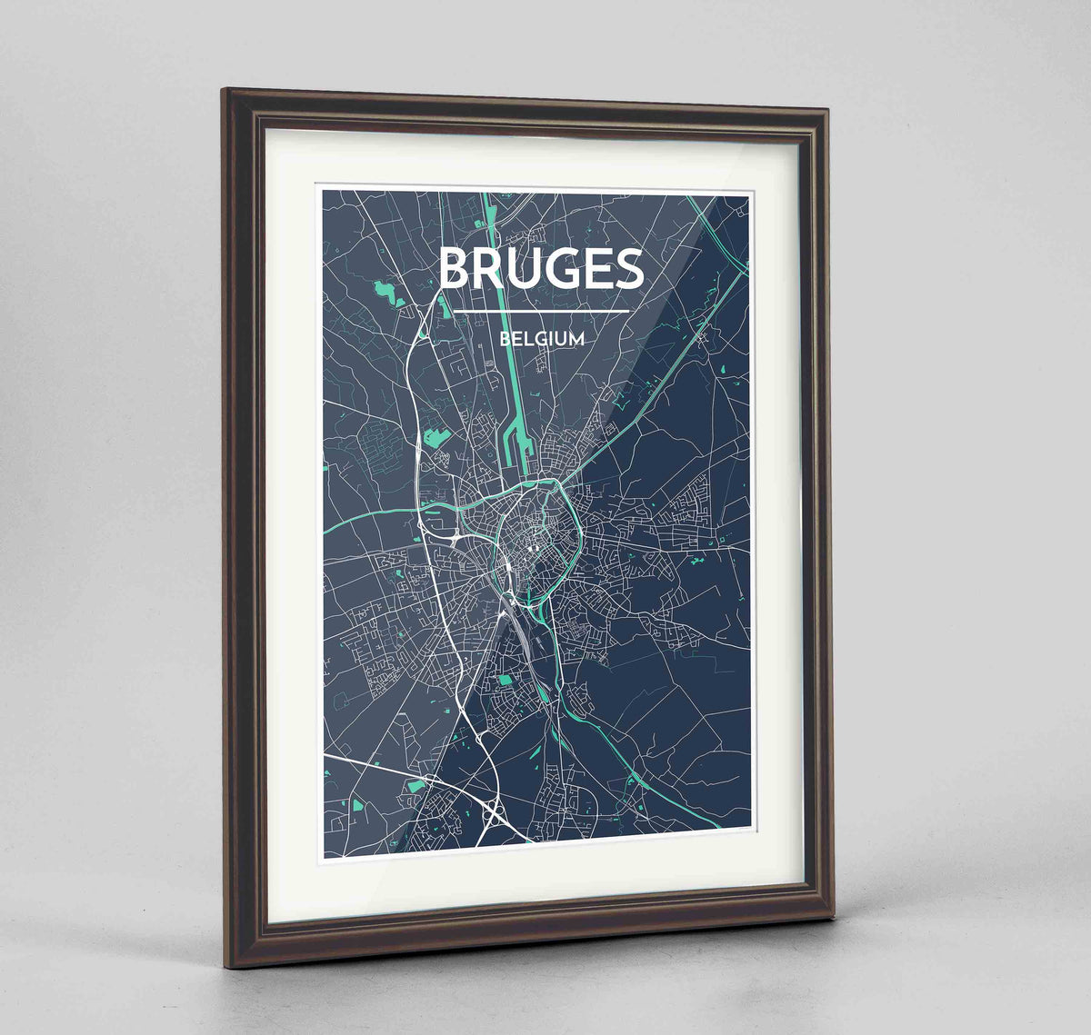 Framed Bruges Map Art Print 24x36&quot; Traditional Walnut frame Point Two Design Group