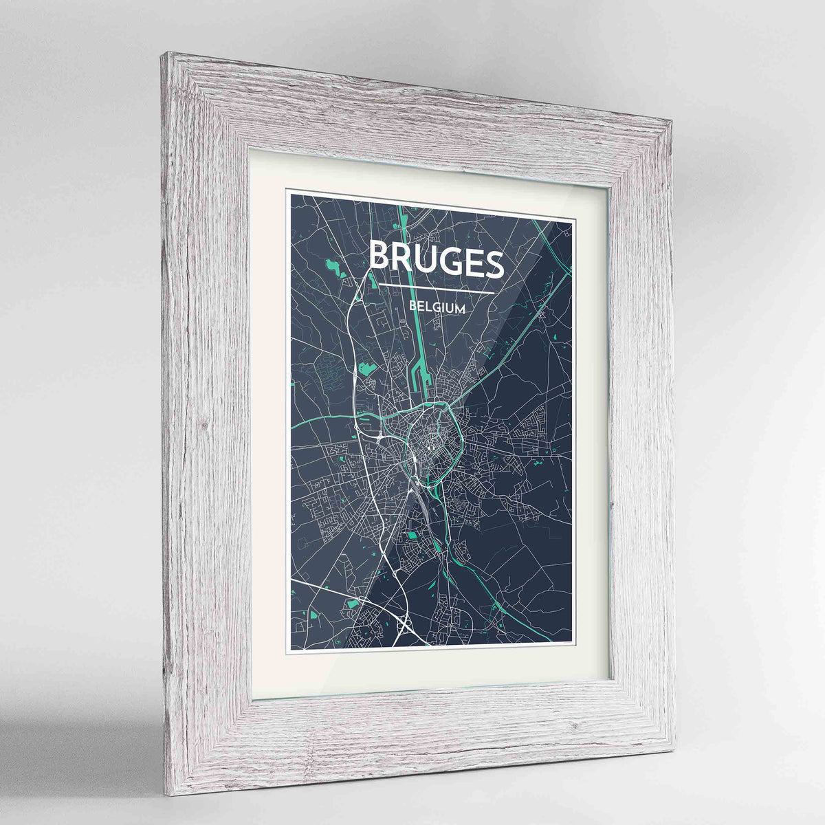 Framed Bruges Map Art Print 24x36&quot; Western White frame Point Two Design Group