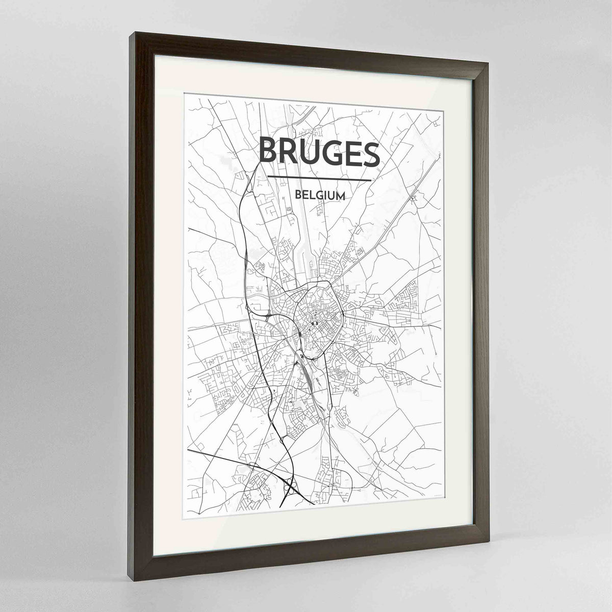 Framed Bruges Map Art Print 24x36&quot; Contemporary Walnut frame Point Two Design Group