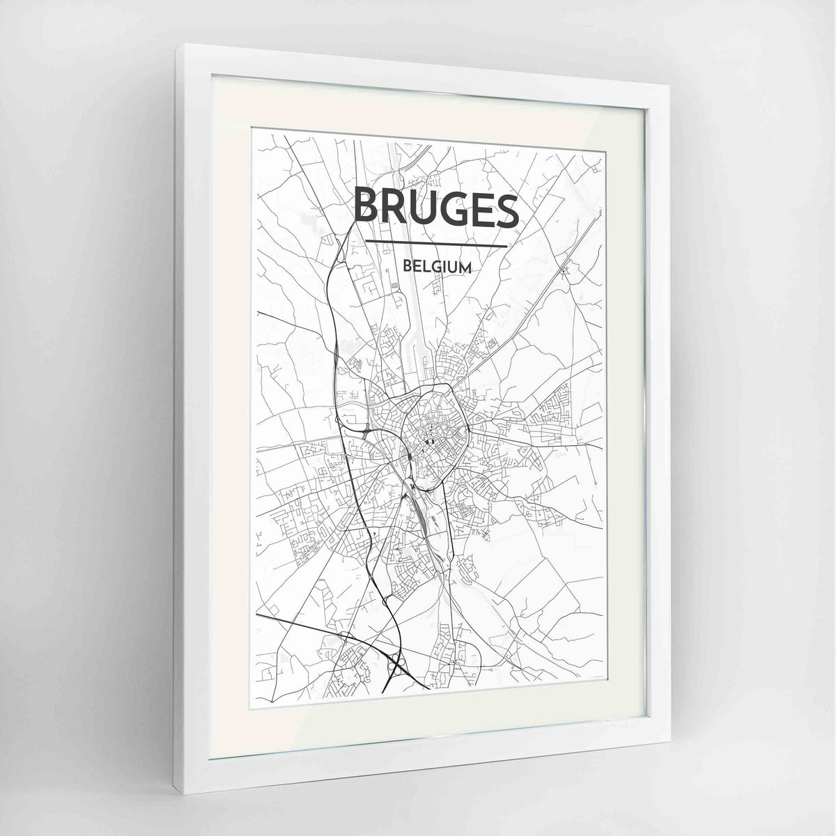 Framed Bruges Map Art Print 24x36&quot; Contemporary White frame Point Two Design Group