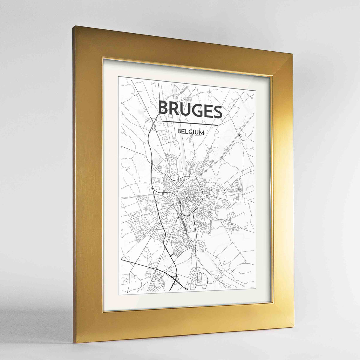 Framed Bruges Map Art Print 24x36&quot; Gold frame Point Two Design Group