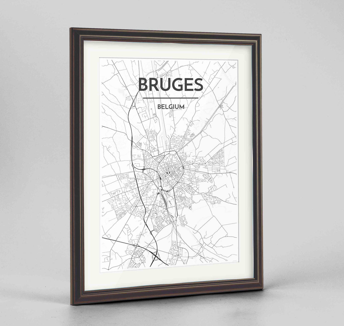 Framed Bruges Map Art Print 24x36&quot; Traditional Walnut frame Point Two Design Group