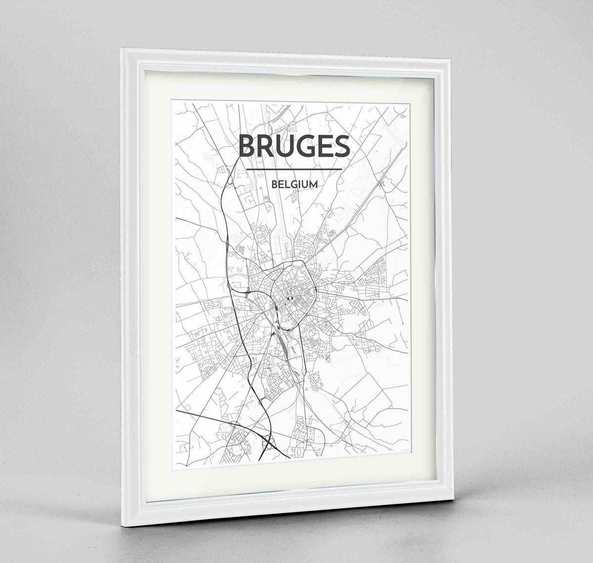 Framed Bruges Map Art Print 24x36&quot; Traditional White frame Point Two Design Group