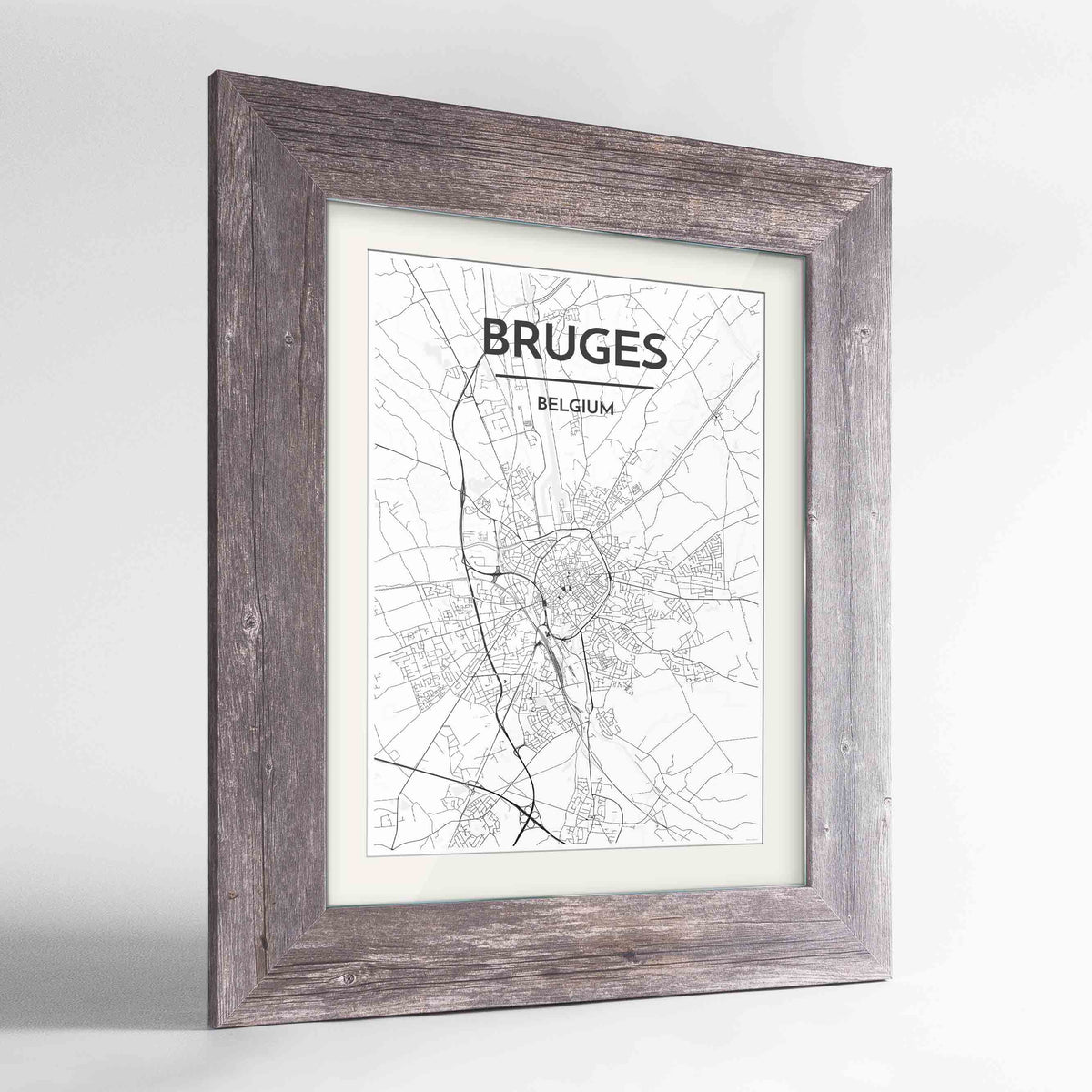Framed Bruges Map Art Print 24x36&quot; Western Grey frame Point Two Design Group