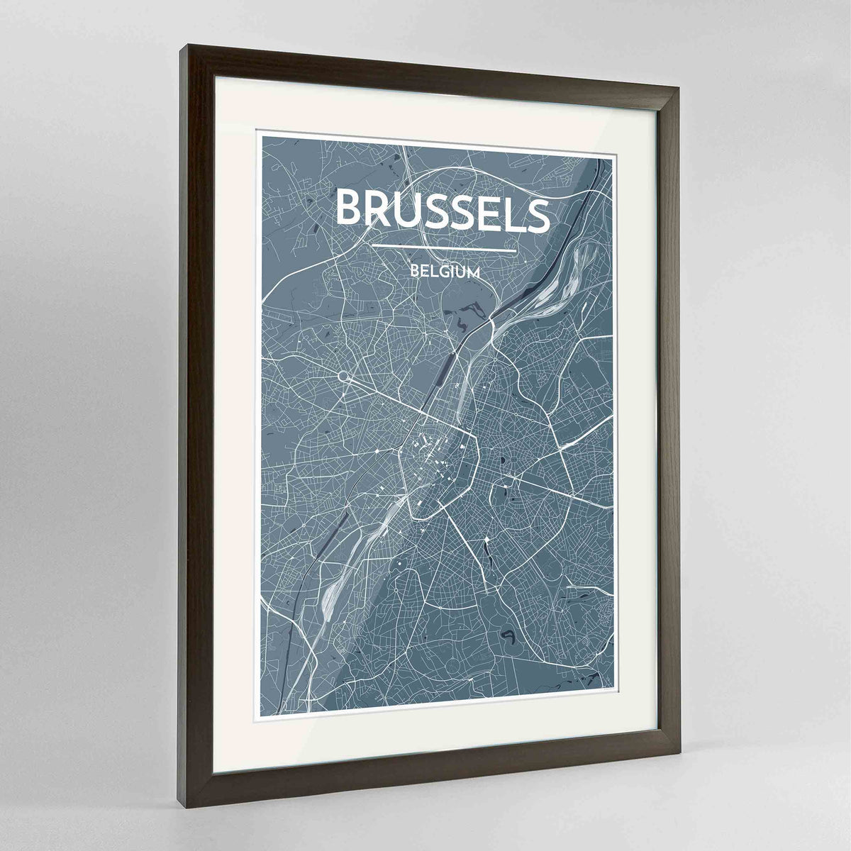 Framed Brussels Map Art Print 24x36&quot; Contemporary Walnut frame Point Two Design Group