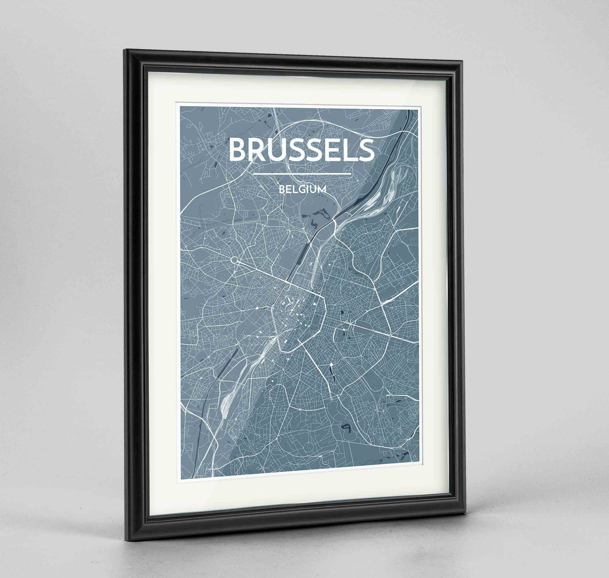 Framed Brussels Map Art Print 24x36&quot; Traditional Black frame Point Two Design Group
