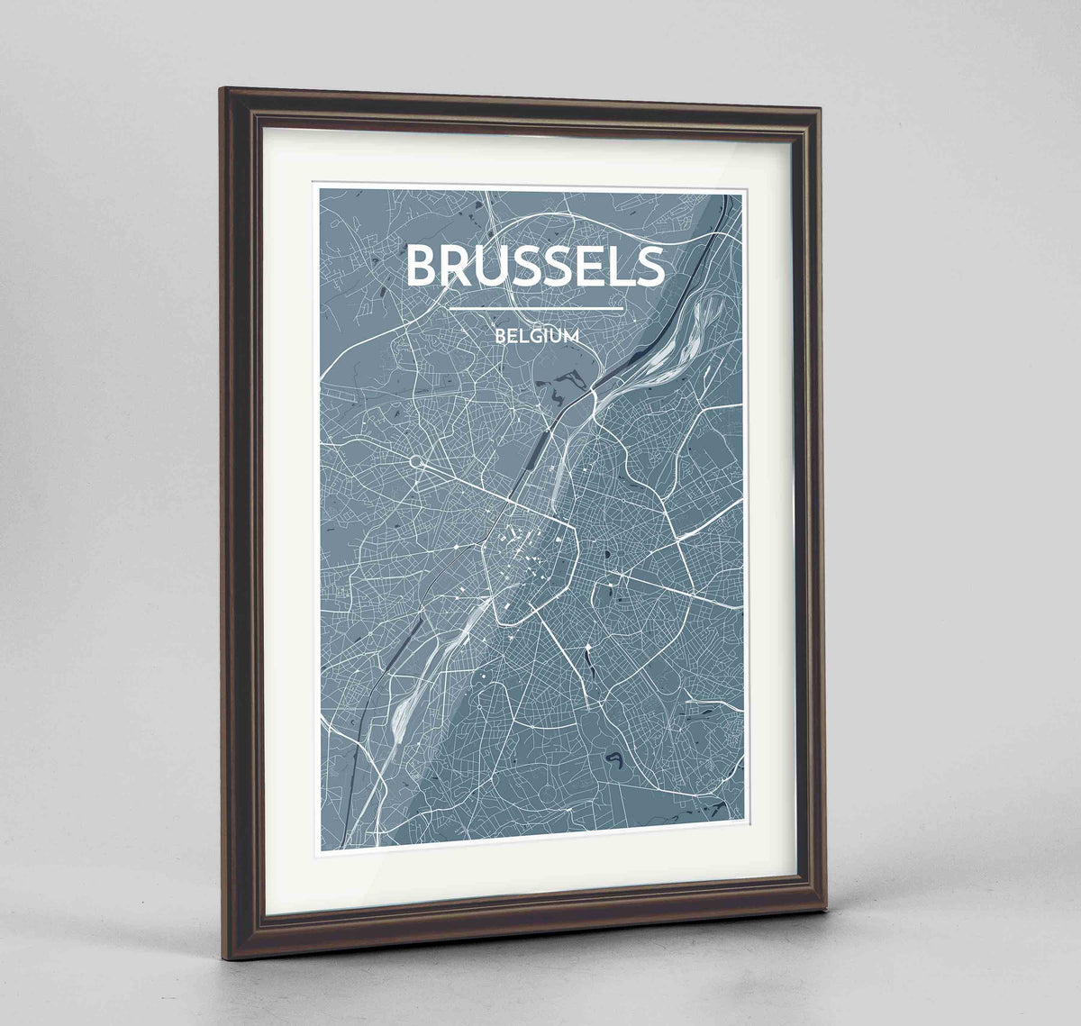 Framed Brussels Map Art Print 24x36&quot; Traditional Walnut frame Point Two Design Group