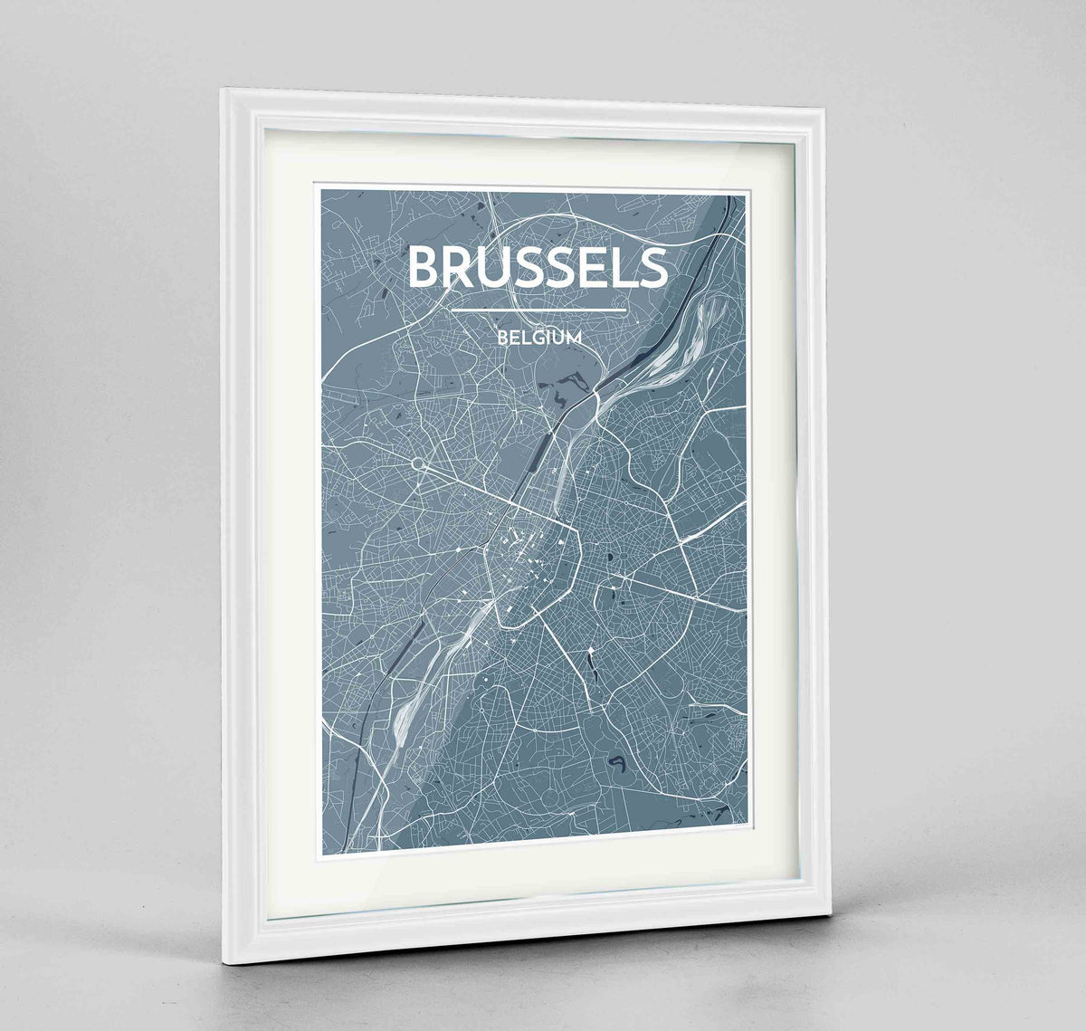 Framed Brussels Map Art Print 24x36&quot; Traditional White frame Point Two Design Group