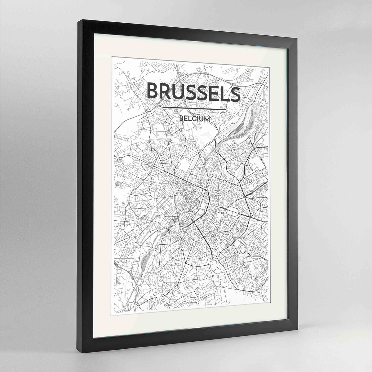 Framed Brussels Map Art Print 24x36&quot; Contemporary Black frame Point Two Design Group