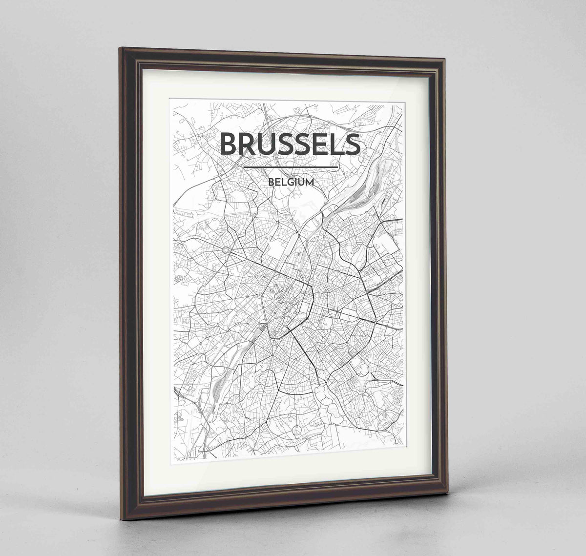 Framed Brussels Map Art Print 24x36&quot; Traditional Walnut frame Point Two Design Group