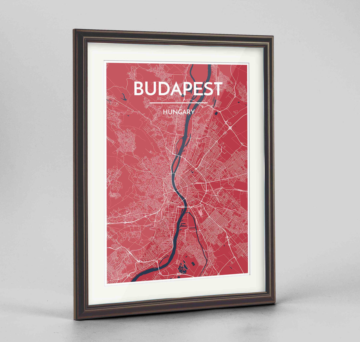 Framed Budapest Map Art Print 24x36&quot; Traditional Walnut frame Point Two Design Group