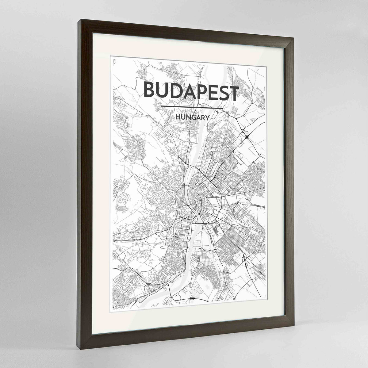 Framed Budapest Map Art Print 24x36&quot; Contemporary Walnut frame Point Two Design Group