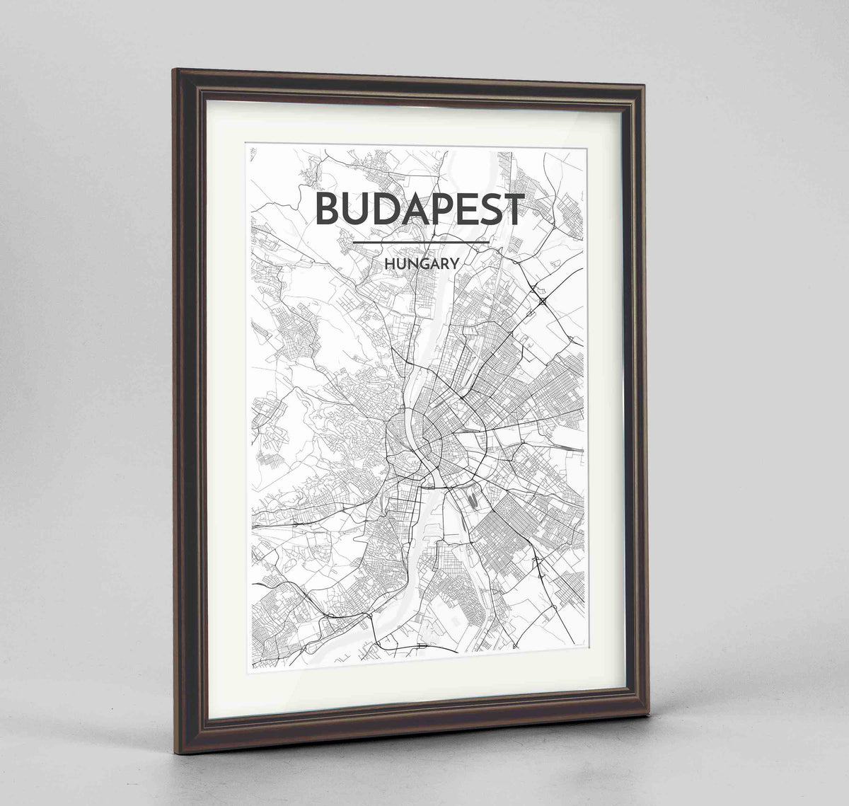 Framed Budapest Map Art Print 24x36&quot; Traditional Walnut frame Point Two Design Group