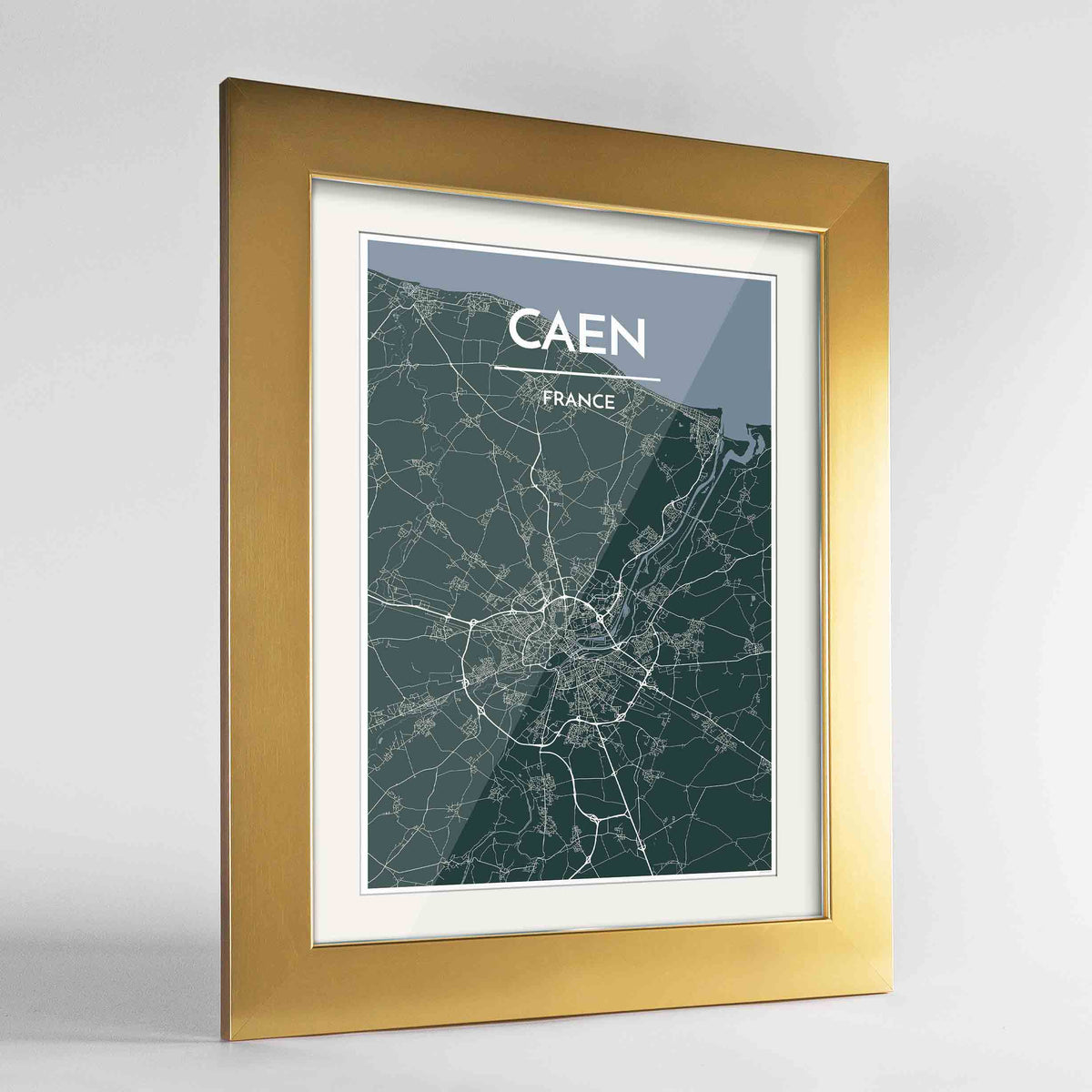 Framed Caen Map Art Print 24x36&quot; Gold frame Point Two Design Group