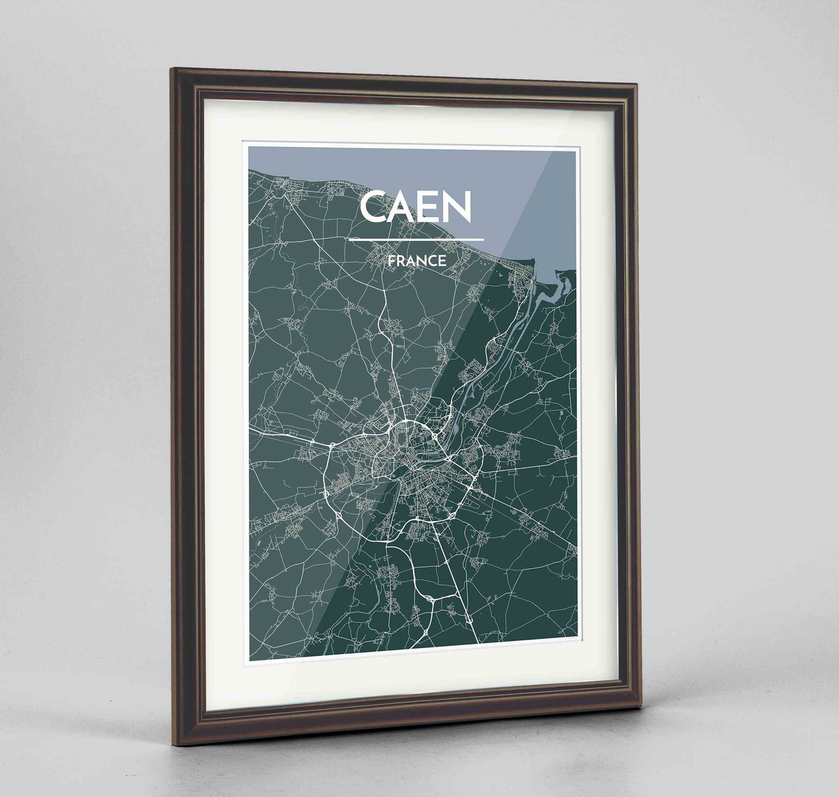 Framed Caen Map Art Print 24x36&quot; Traditional Walnut frame Point Two Design Group