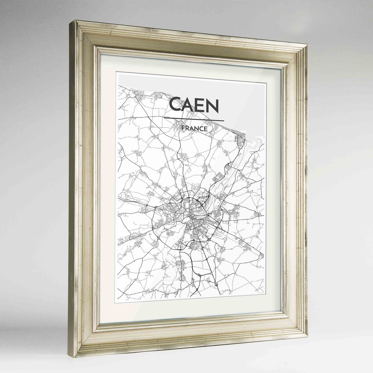 Framed Caen Map Art Print 24x36&quot; Champagne frame Point Two Design Group