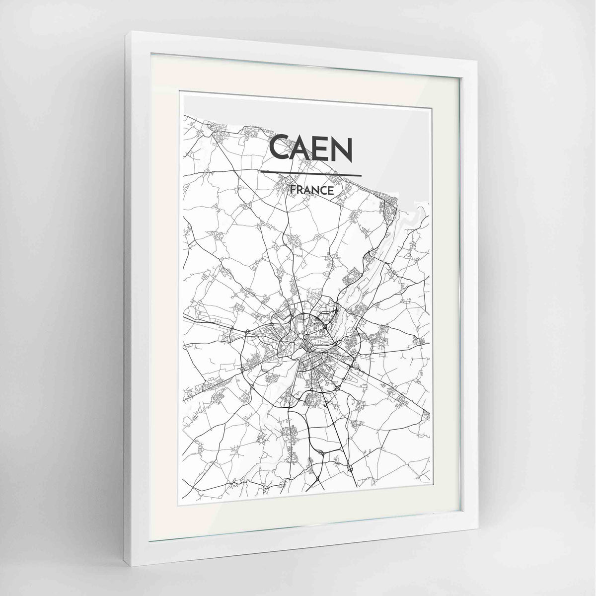 Framed Caen Map Art Print 24x36&quot; Contemporary White frame Point Two Design Group