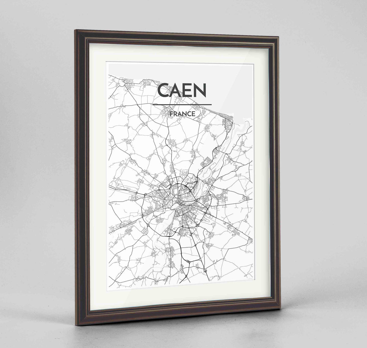 Framed Caen Map Art Print 24x36&quot; Traditional Walnut frame Point Two Design Group