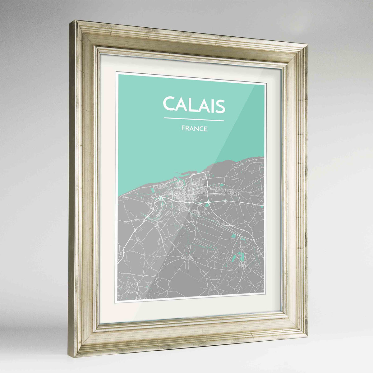Framed Calais Map Art Print 24x36&quot; Champagne frame Point Two Design Group