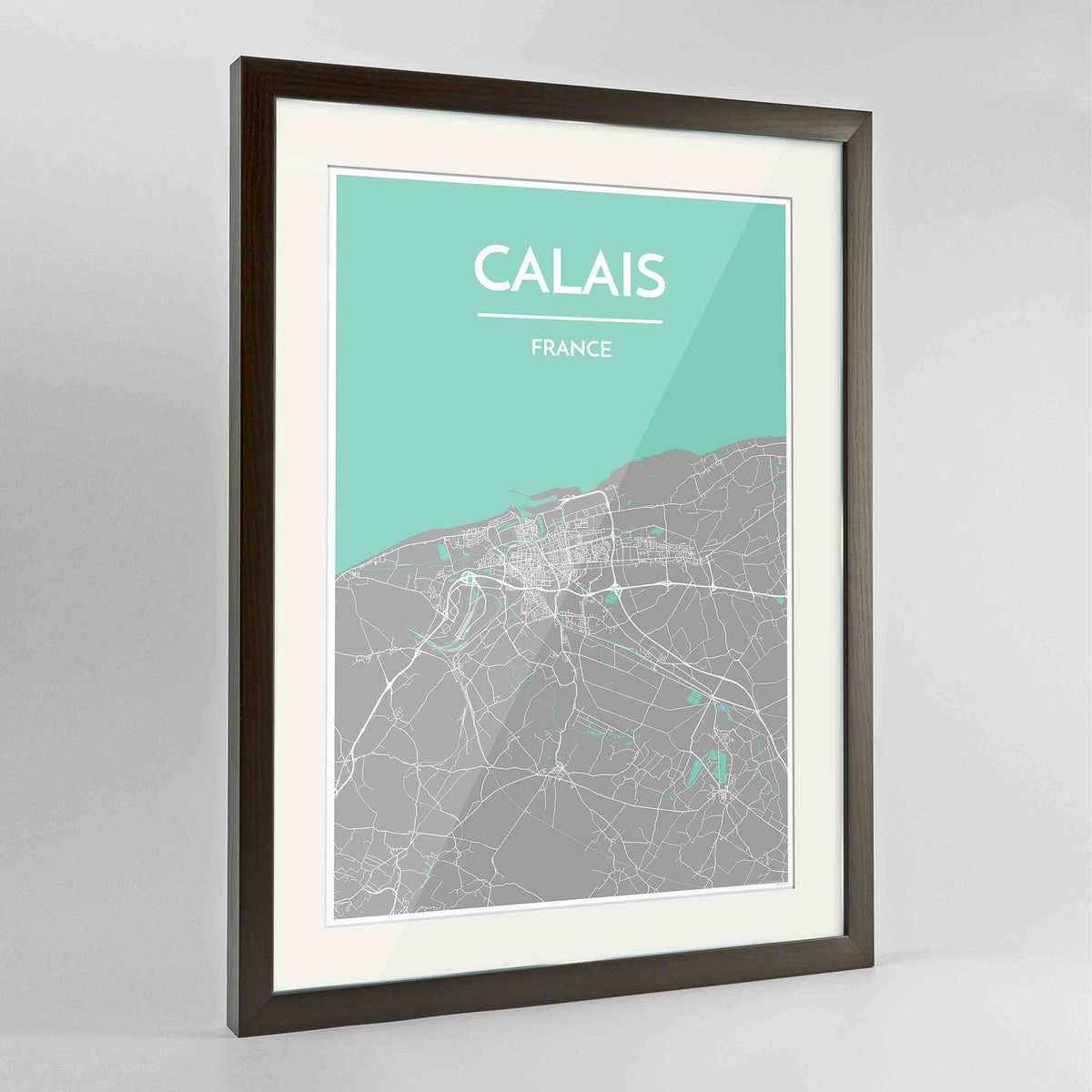 Framed Calais Map Art Print 24x36&quot; Contemporary Walnut frame Point Two Design Group
