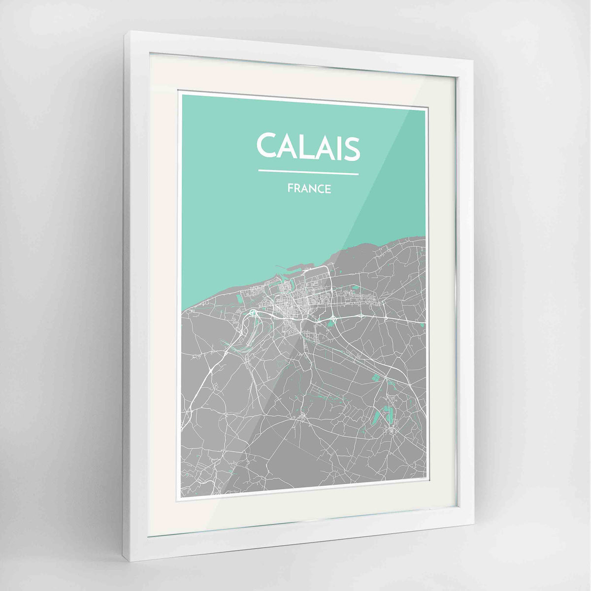 Framed Calais Map Art Print 24x36&quot; Contemporary White frame Point Two Design Group