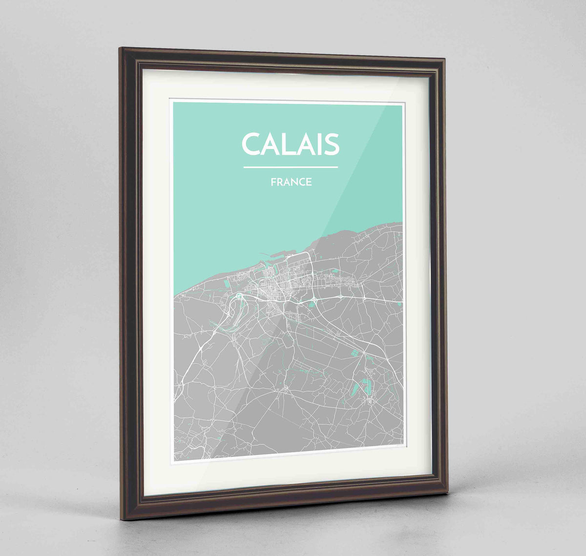 Framed Calais Map Art Print 24x36&quot; Traditional Walnut frame Point Two Design Group