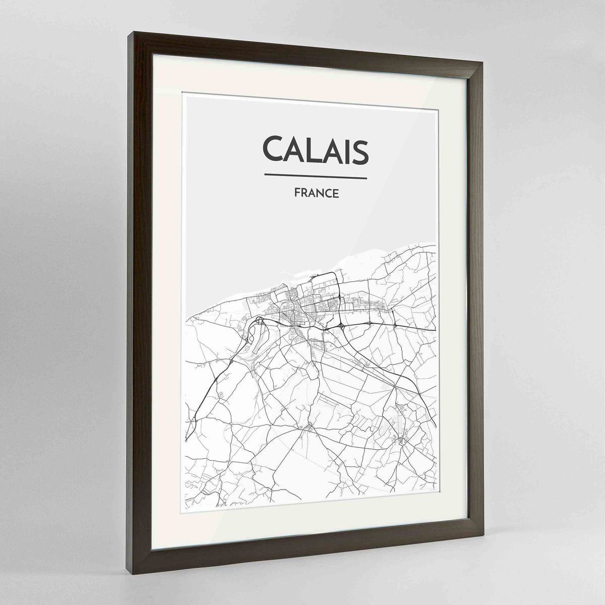 Framed Calais Map Art Print 24x36&quot; Contemporary Walnut frame Point Two Design Group