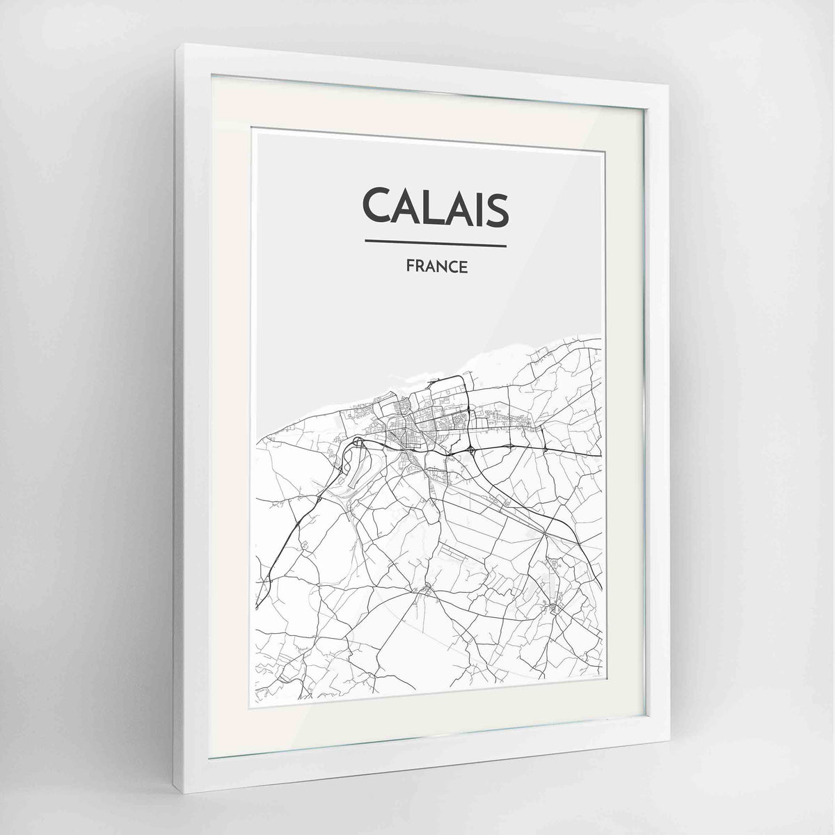 Framed Calais Map Art Print 24x36&quot; Contemporary White frame Point Two Design Group