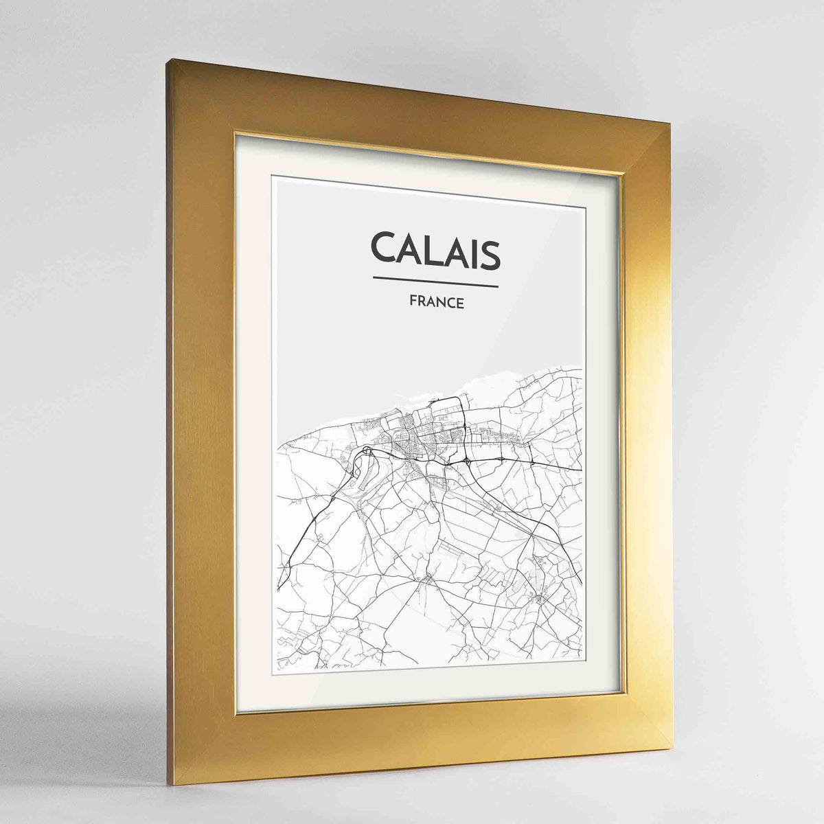 Framed Calais Map Art Print 24x36&quot; Gold frame Point Two Design Group