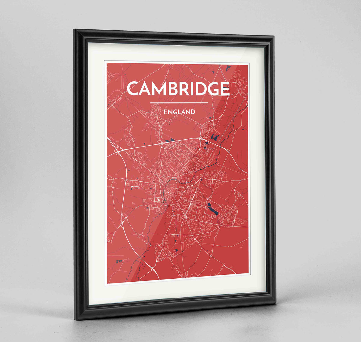 Framed Cambridge Map Art Print 24x36&quot; Traditional Black frame Point Two Design Group