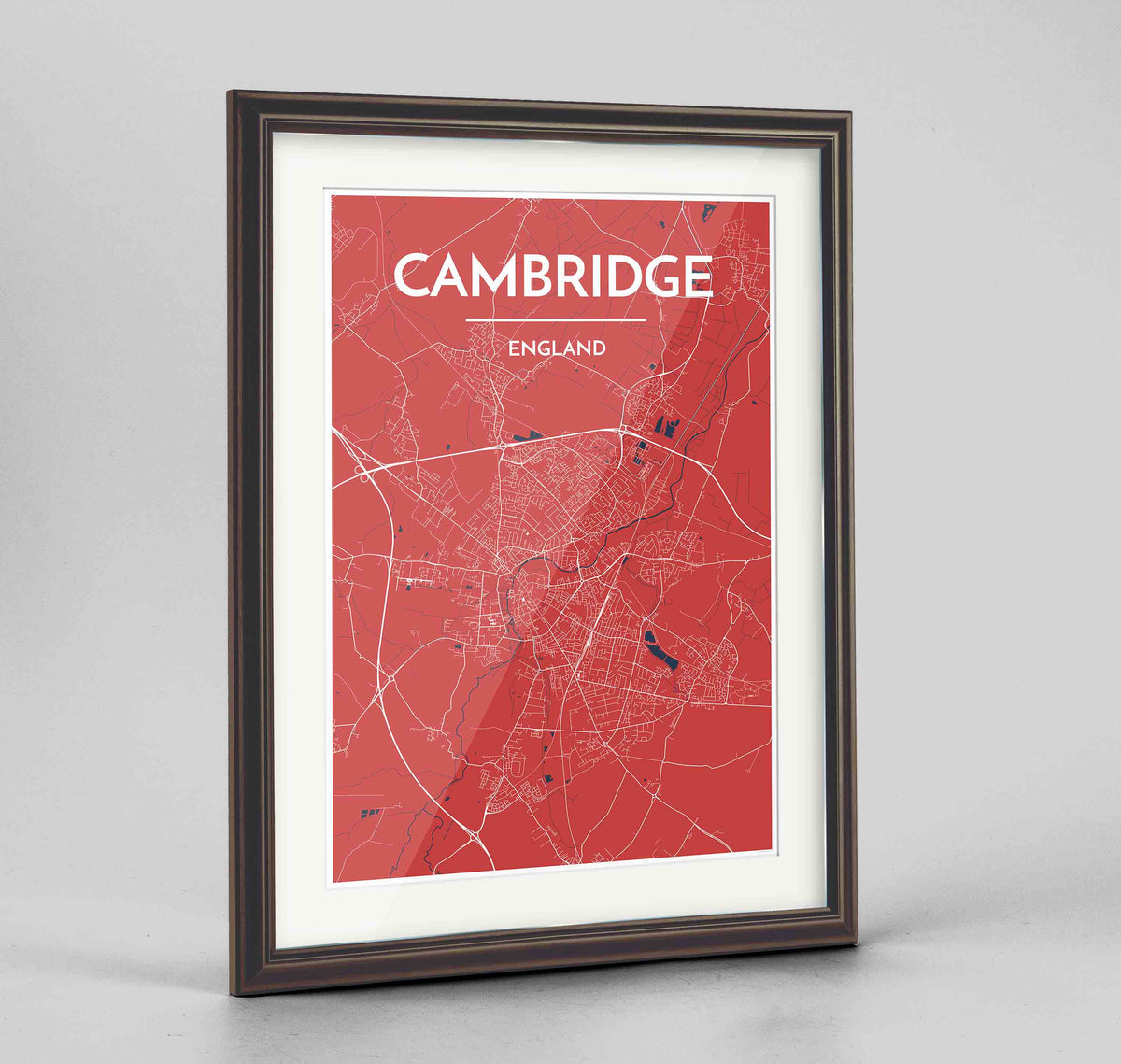 Framed Cambridge Map Art Print 24x36&quot; Traditional Walnut frame Point Two Design Group