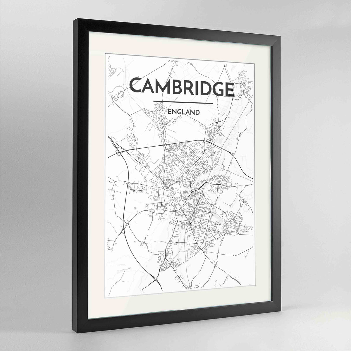 Framed Cambridge Map Art Print 24x36&quot; Contemporary Black frame Point Two Design Group