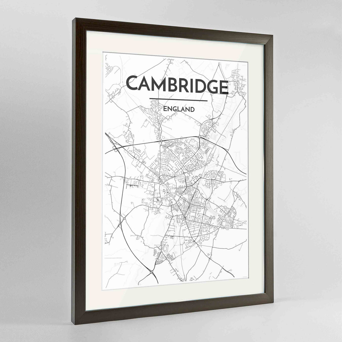 Framed Cambridge Map Art Print 24x36&quot; Contemporary Walnut frame Point Two Design Group