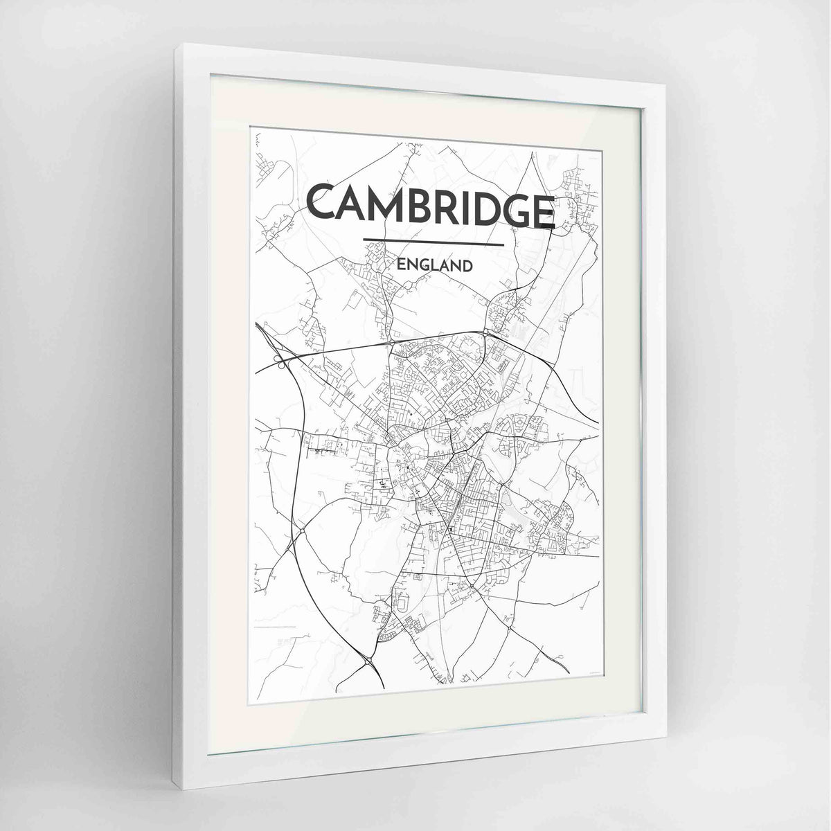 Framed Cambridge Map Art Print 24x36&quot; Contemporary White frame Point Two Design Group