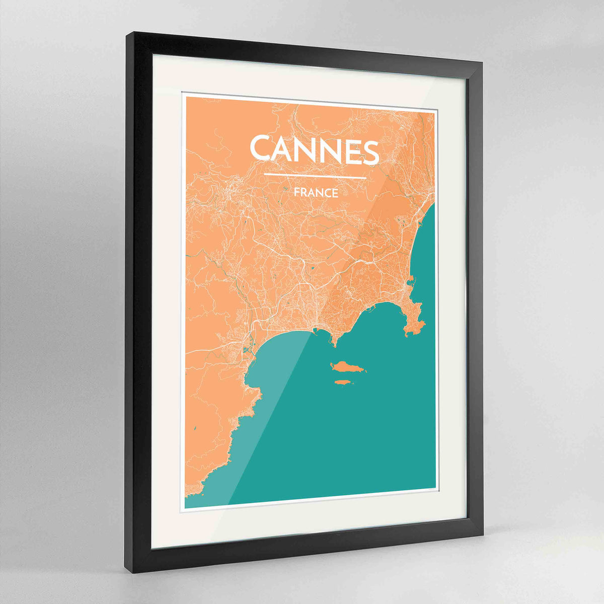 Framed Cannes Map Art Print 24x36&quot; Contemporary Black frame Point Two Design Group